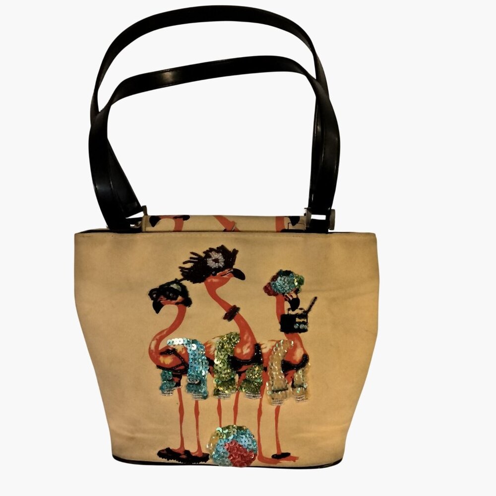 Flamingo Print Canvas Purse Bag Tote Beaded Sequins Tropical